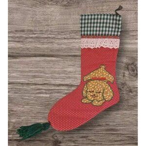 Big Christmas Stocking Homemade Dog Puppy Granny Core Gingham Maximalism Vtg 21"